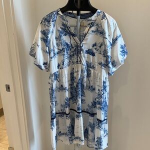 Umgee White Dress with Blue Toile Print! Never worn, like new!